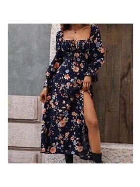 Boho Floral Print Puff Sleeve Split Thigh Cottagecore Dress